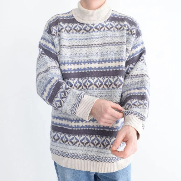 Vintage TT & Co. Sport Cream Blue Purple Turtple Neck 100%  Cotton Knit Sweater - Picture 2 of 3